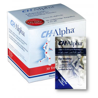 CH - Alpha ® ( Gelatin = Collagen Hydrolysate 10 gm + Sucralose 1 mg + Vitamin C 85 mg ) 10 sachets